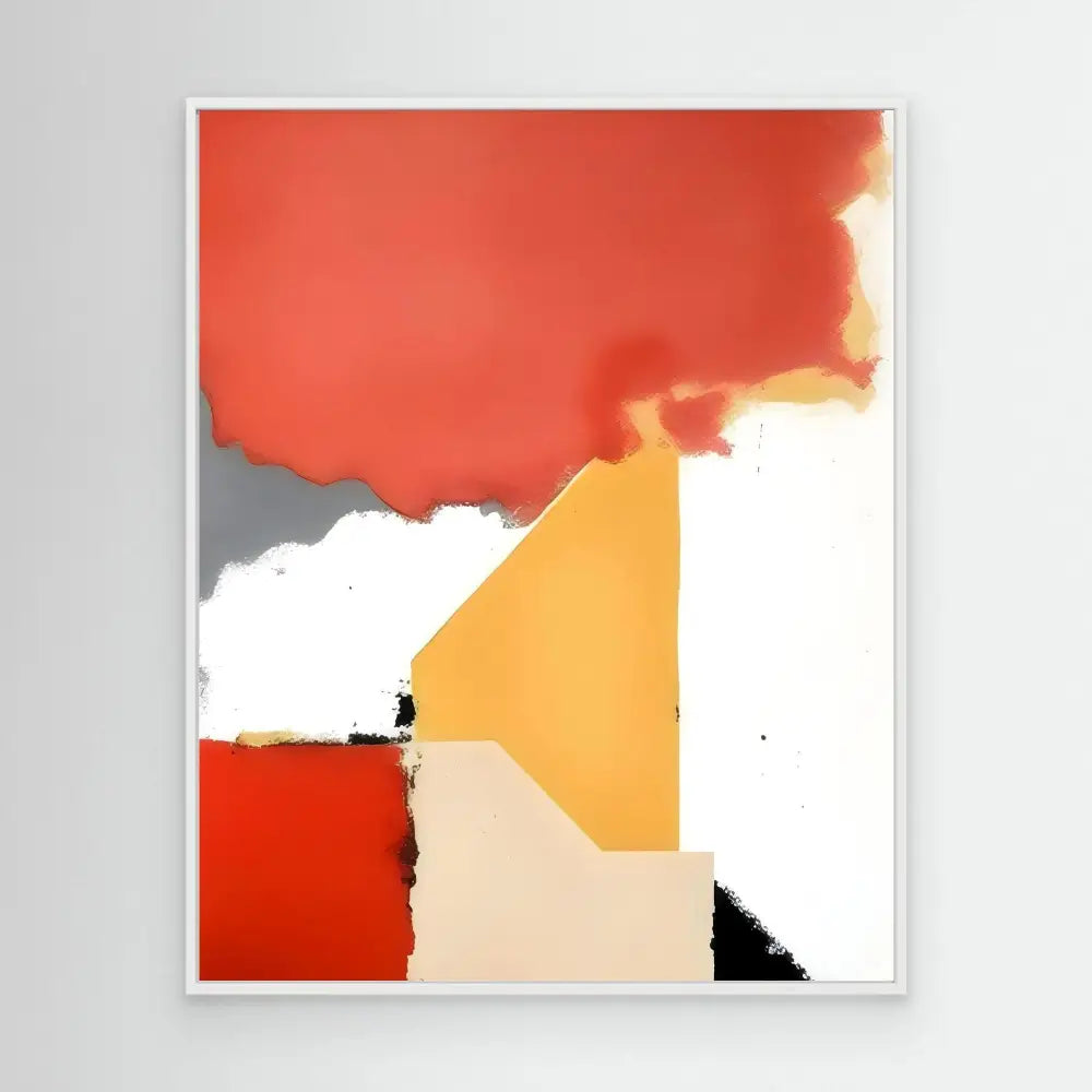 Abstract artwork featuring geometric shapes in red, orange, white, and black tones.