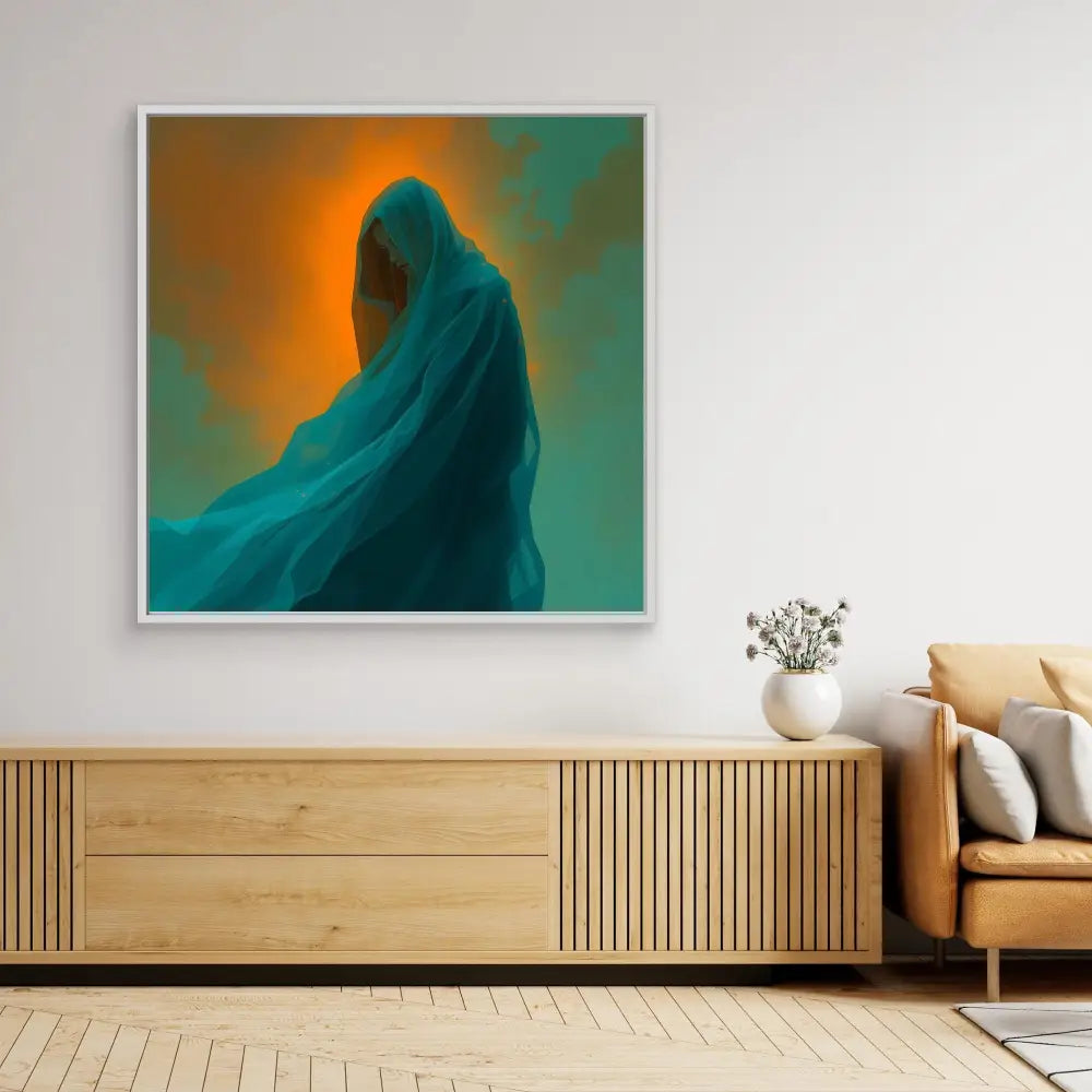 Abstract artwork featuring a hooded silhouette against a glowing orange and teal backdrop.