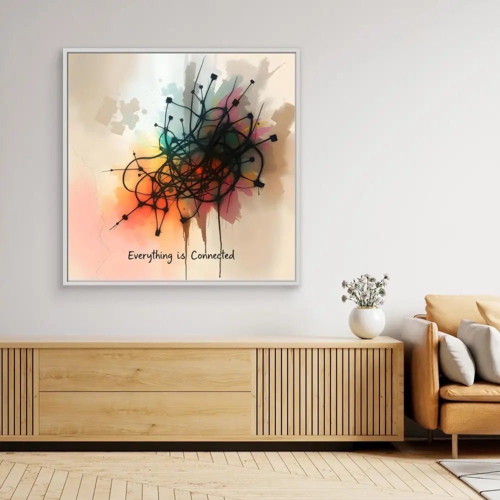 Abstract artwork featuring interconnected black lines and dots against a soft watercolor background with text reading ’Everything is Connected’