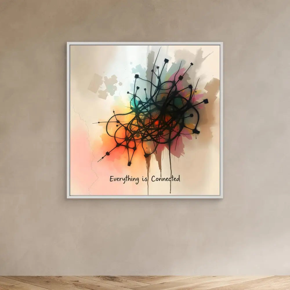 Abstract artwork featuring interconnected black lines and dots against a soft watercolor backdrop with text reading ’Everything is Connected’.