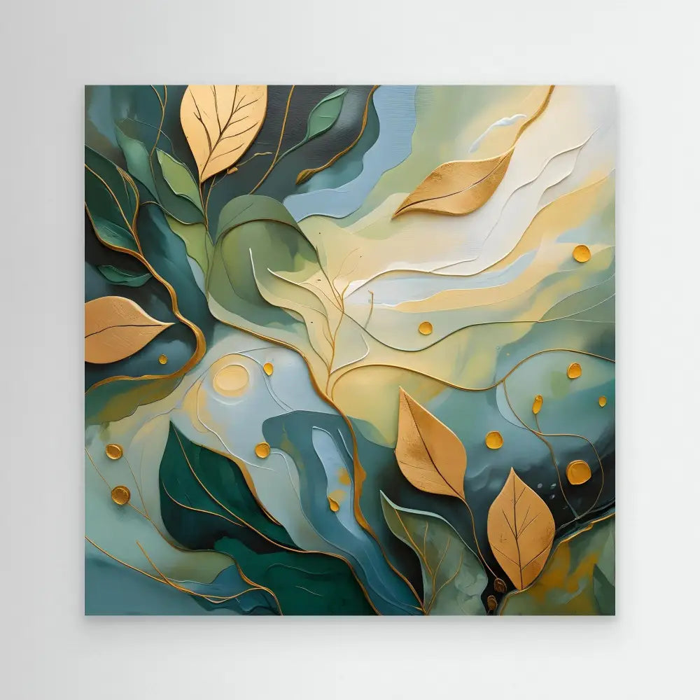 Abstract artwork featuring flowing leaves and organic shapes in green and gold tones.