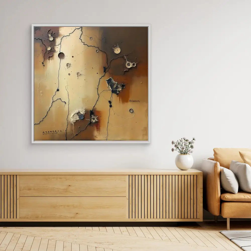 Abstract artwork featuring flowing lines and butterfly shapes on a golden-brown background.