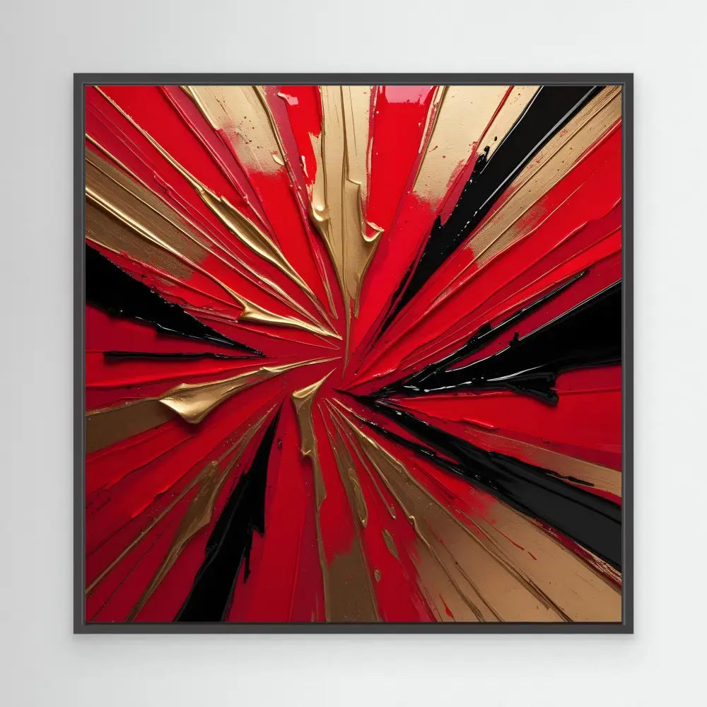 Abstract artwork featuring radiating lines in red, black, and gold tones bursting from a central point.