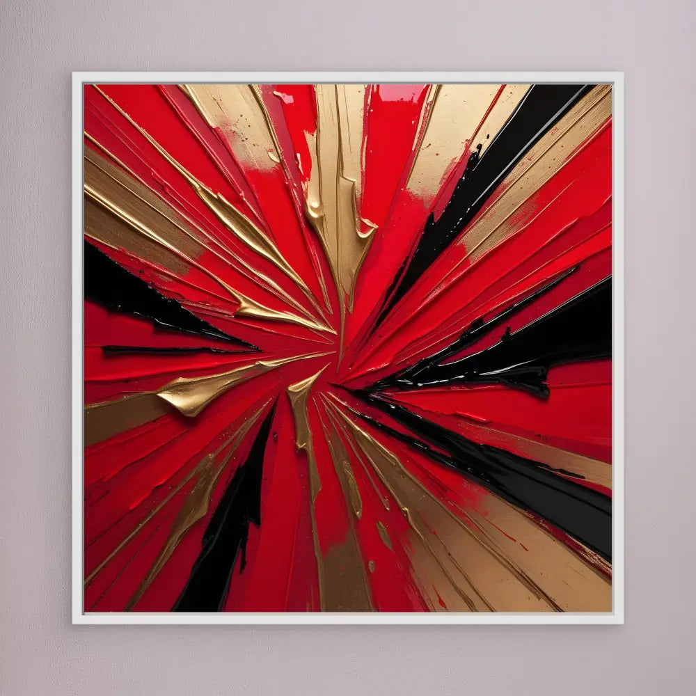 Abstract artwork featuring radiating lines in red, black, and gold colors bursting from a central point.