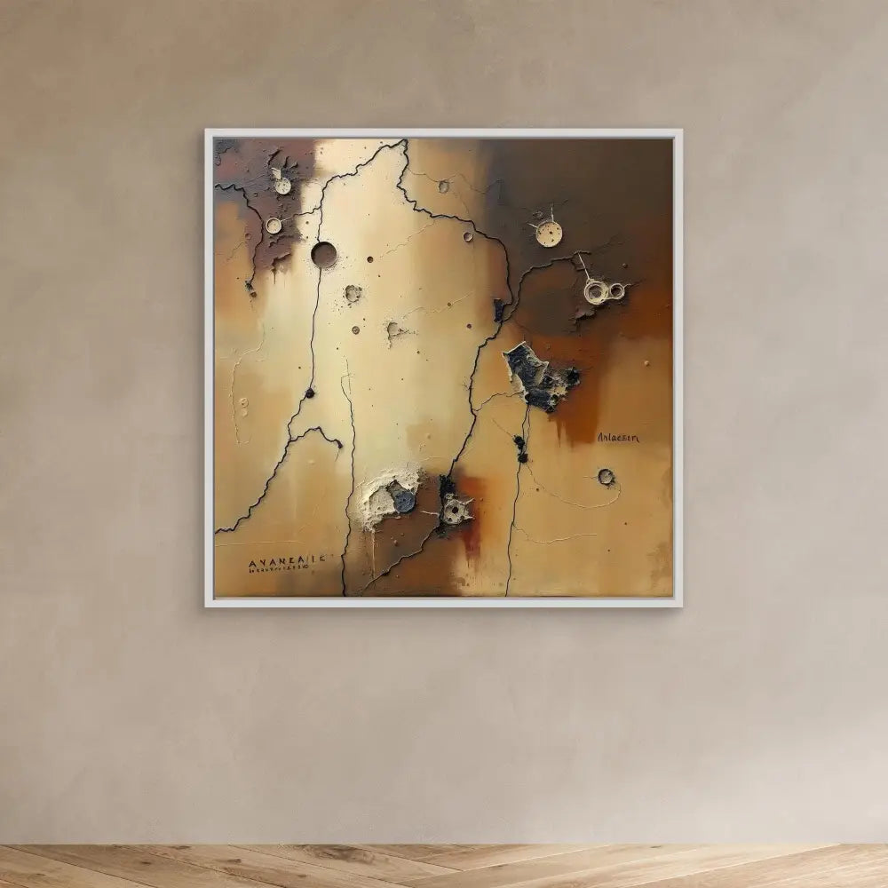 Abstract artwork featuring map-like lines and butterfly shapes on a golden-brown background.