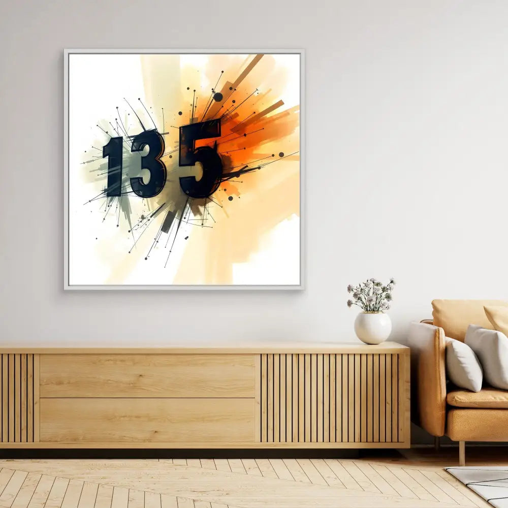 Abstract artwork featuring the number ’135’’ with an explosive orange watercolor splash effect.