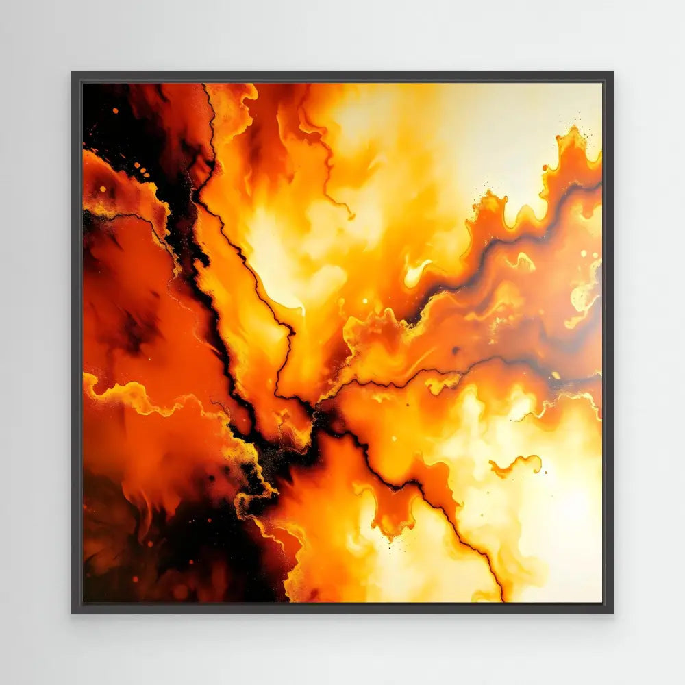 Abstract artwork featuring swirling orange, black and yellow patterns resembling flames or lava.