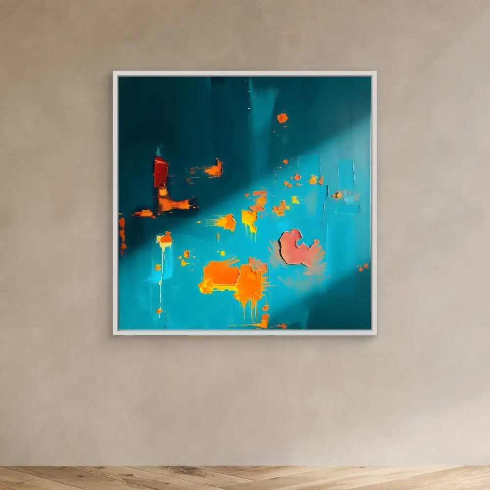 Abstract artwork featuring orange and coral shapes floating on a turquoise background.