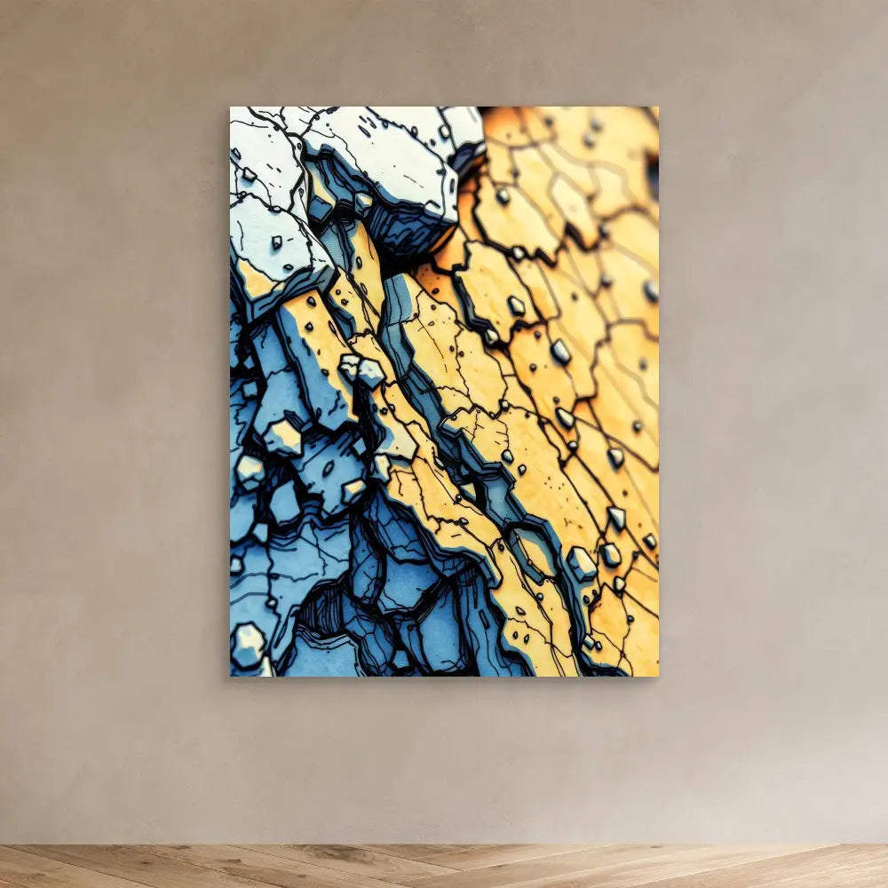 Abstract artwork featuring flowing patterns in blue and gold with a crackled, marbled texture.