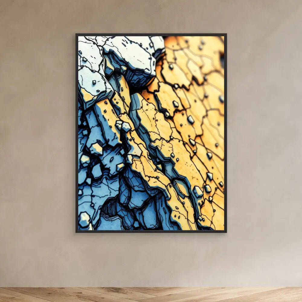 Abstract artwork featuring flowing patterns in blue and gold with a crackled, marble-like texture.