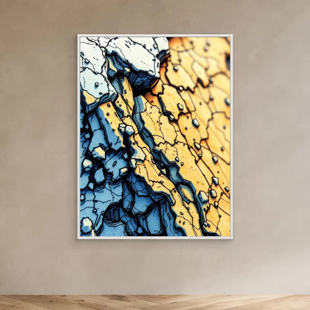 Abstract artwork featuring flowing patterns in blue and gold with a crackled, marble-like texture.