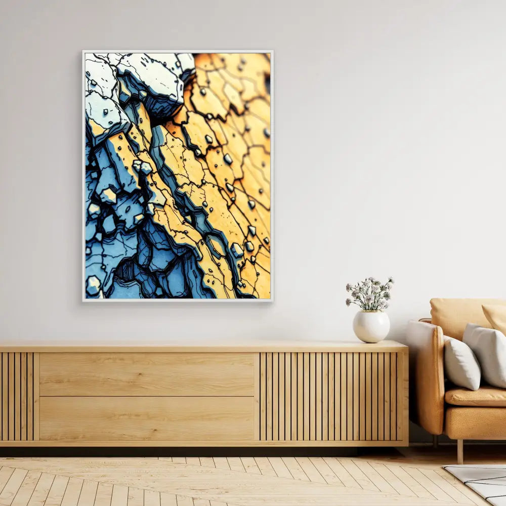 Abstract artwork featuring swirling patterns of blue and gold colors with dark veining throughout.