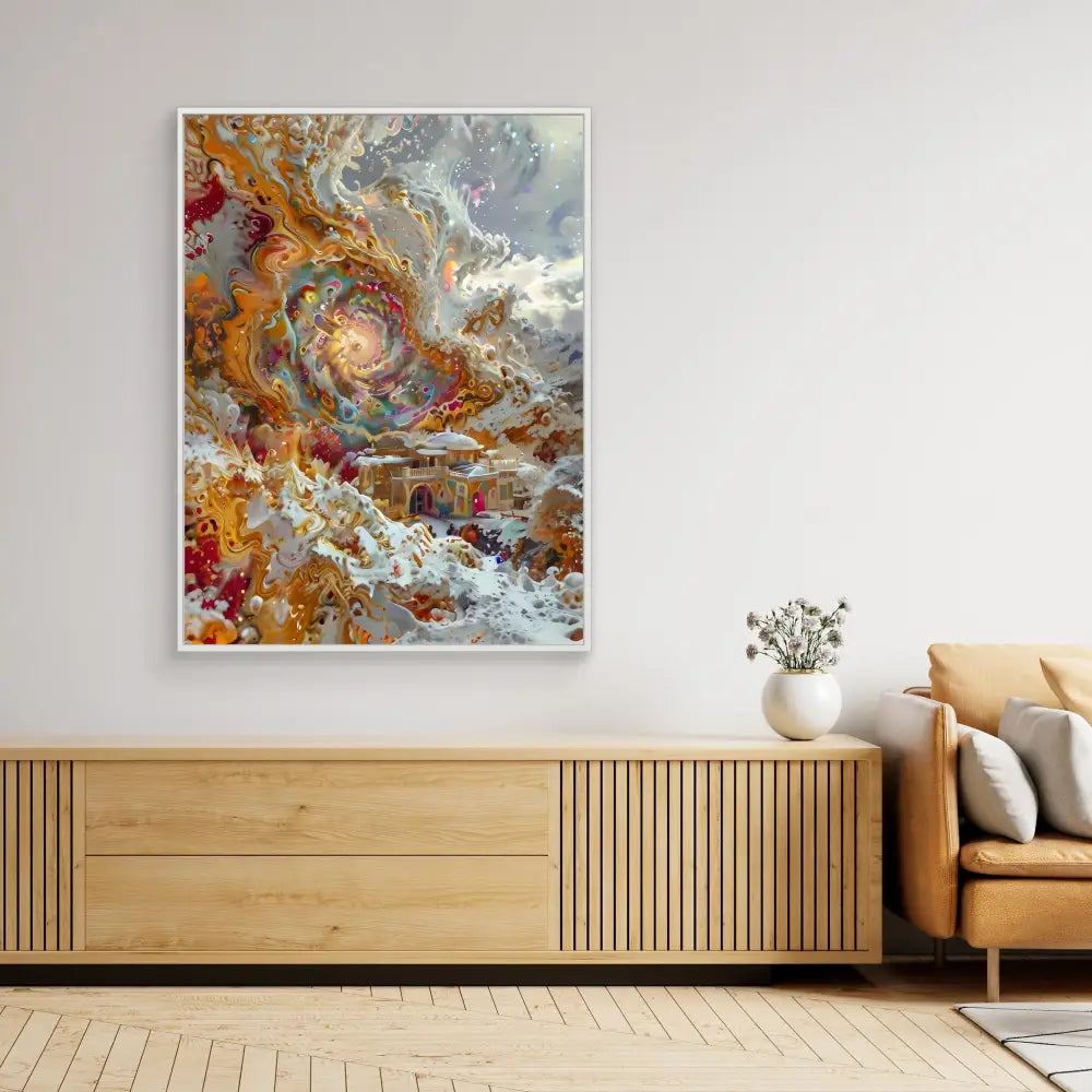 Abstract artwork featuring swirling patterns in orange, white, and gray tones.