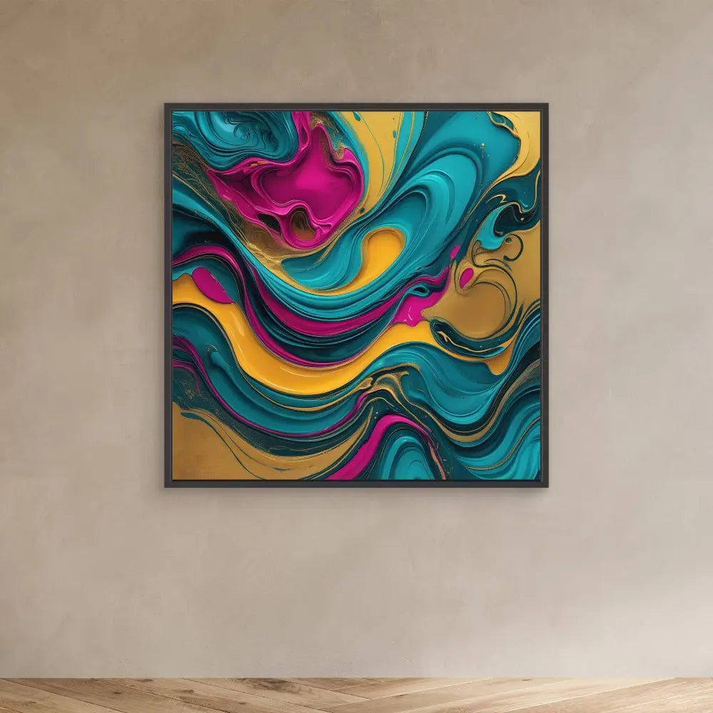 Abstract artwork featuring swirling patterns in turquoise, magenta, and gold colors.