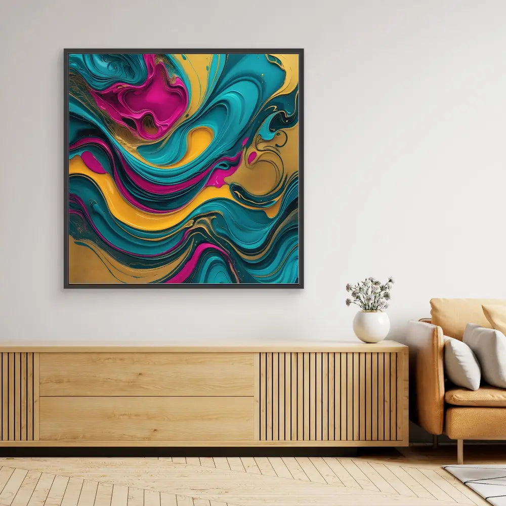 Abstract artwork featuring swirling patterns in turquoise, magenta, and gold colors.