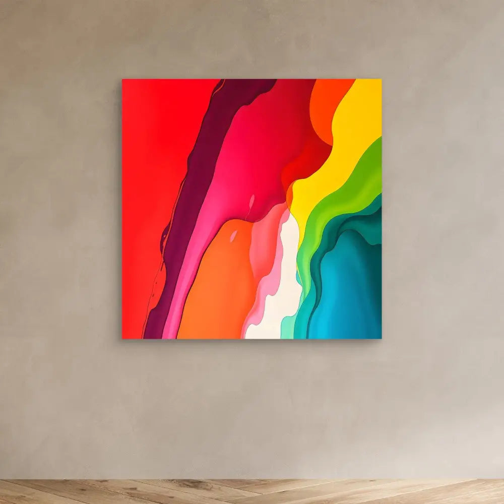 Abstract artwork featuring flowing rainbow-colored stripes in a wavy, liquid pattern.