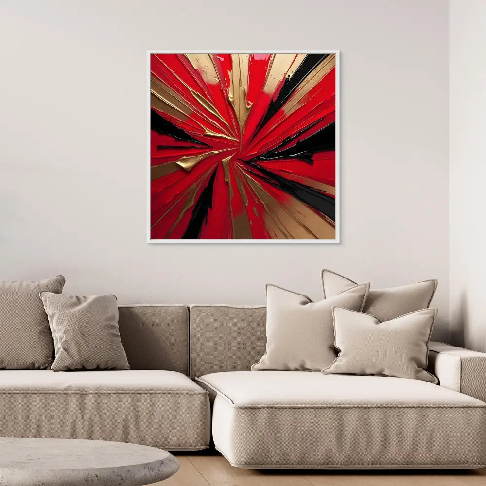 Abstract artwork featuring radiating red, black and gold lines bursting from a central point.