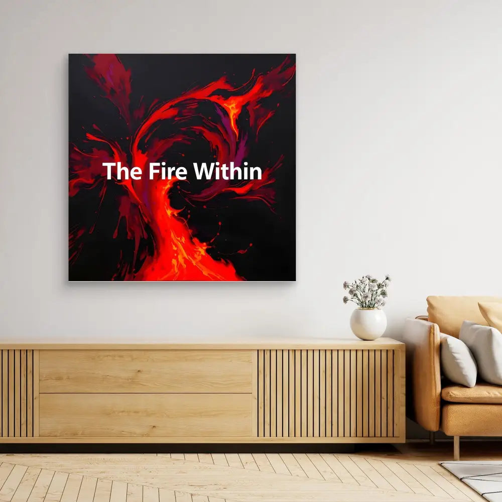 Abstract artwork featuring swirling red flames with white text reading ’The Fire Within’ against a black background.