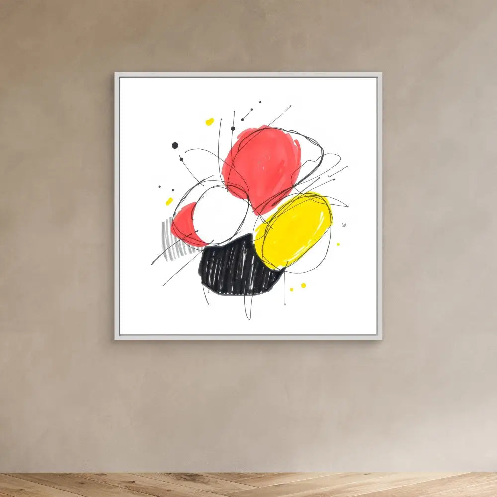 Abstract artwork featuring red, white, yellow and black circular shapes with loose gestural lines and dots.