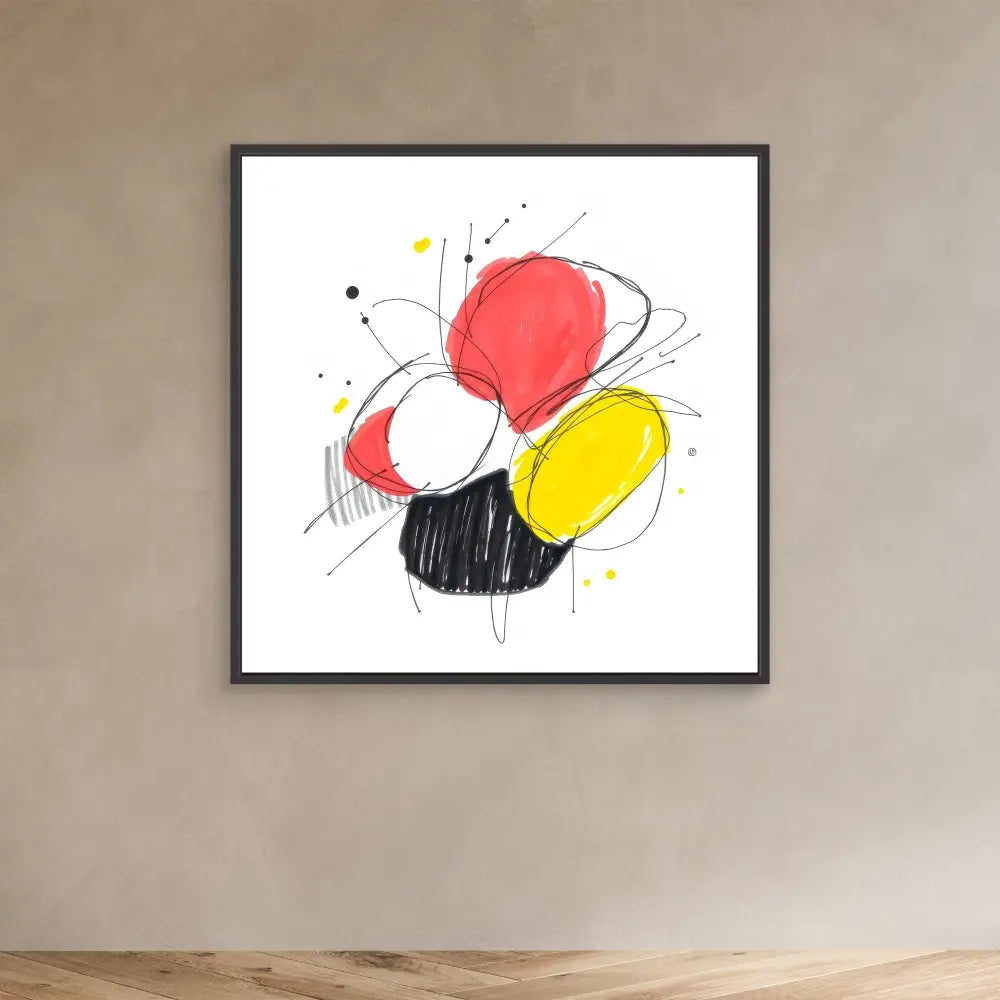 Abstract artwork featuring red, white, yellow and black circular shapes with loose gestural lines and dots.