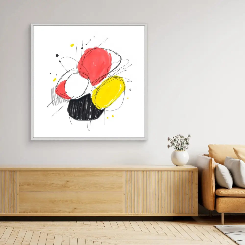 Abstract artwork featuring red, yellow, black and white circular shapes with dynamic line work.