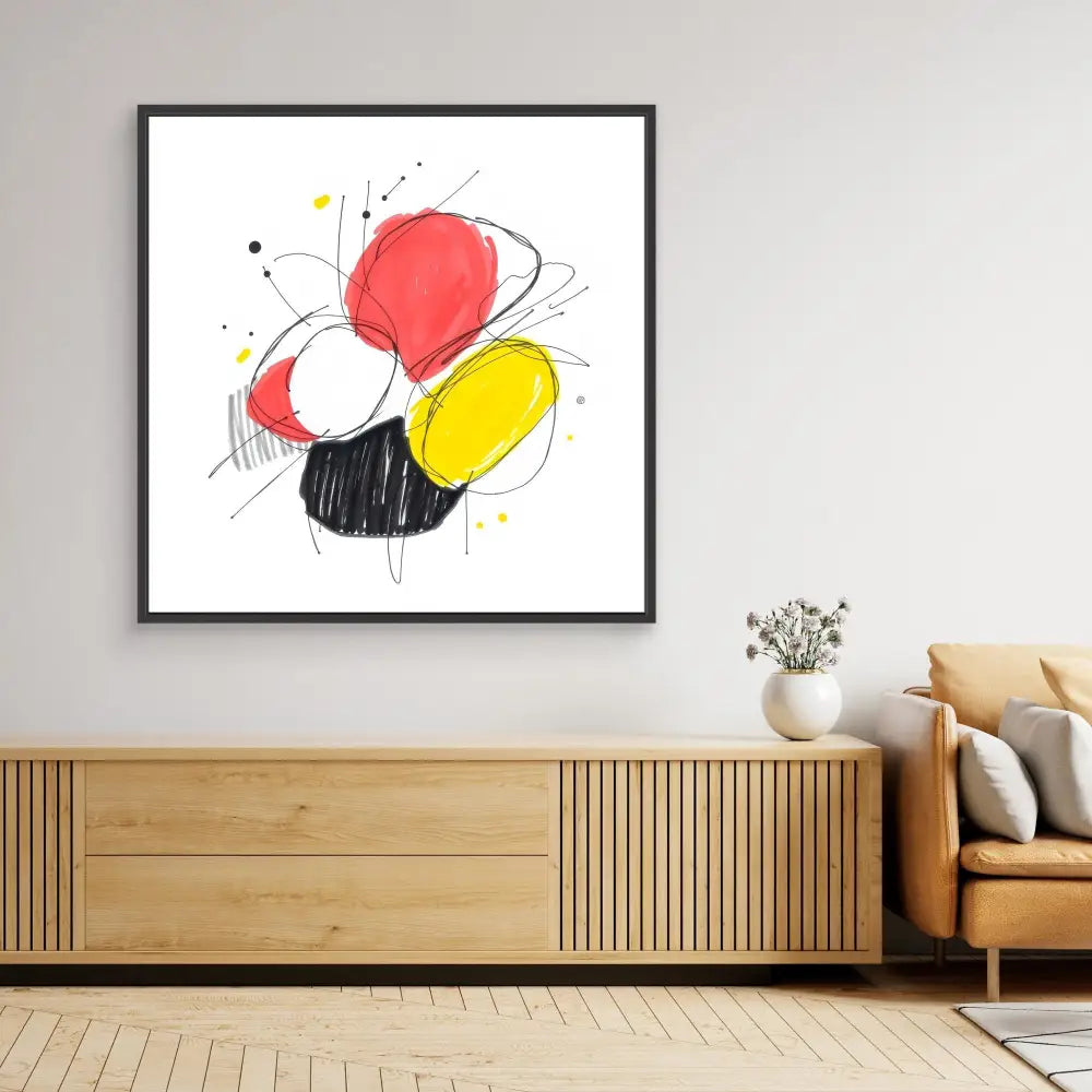 Abstract artwork featuring red, yellow, black and white circular shapes with dynamic line work.