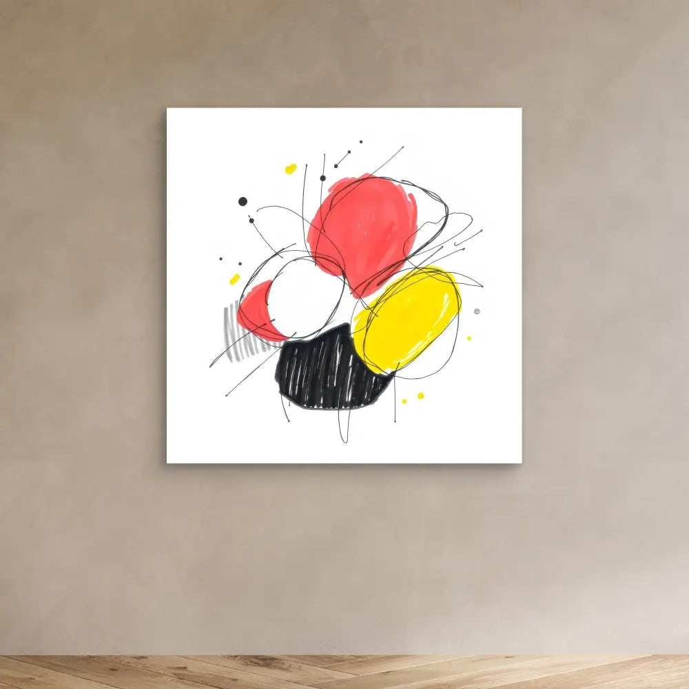 Abstract artwork featuring red, yellow, and black circular shapes with loose gestural lines and dots.