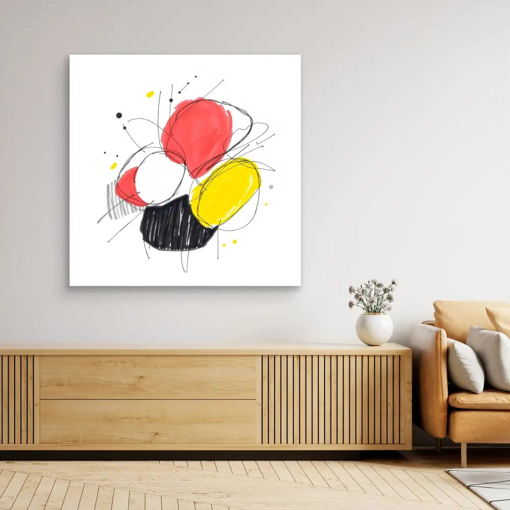 Abstract artwork featuring overlapping red, yellow, black and white circular shapes with dynamic line elements.