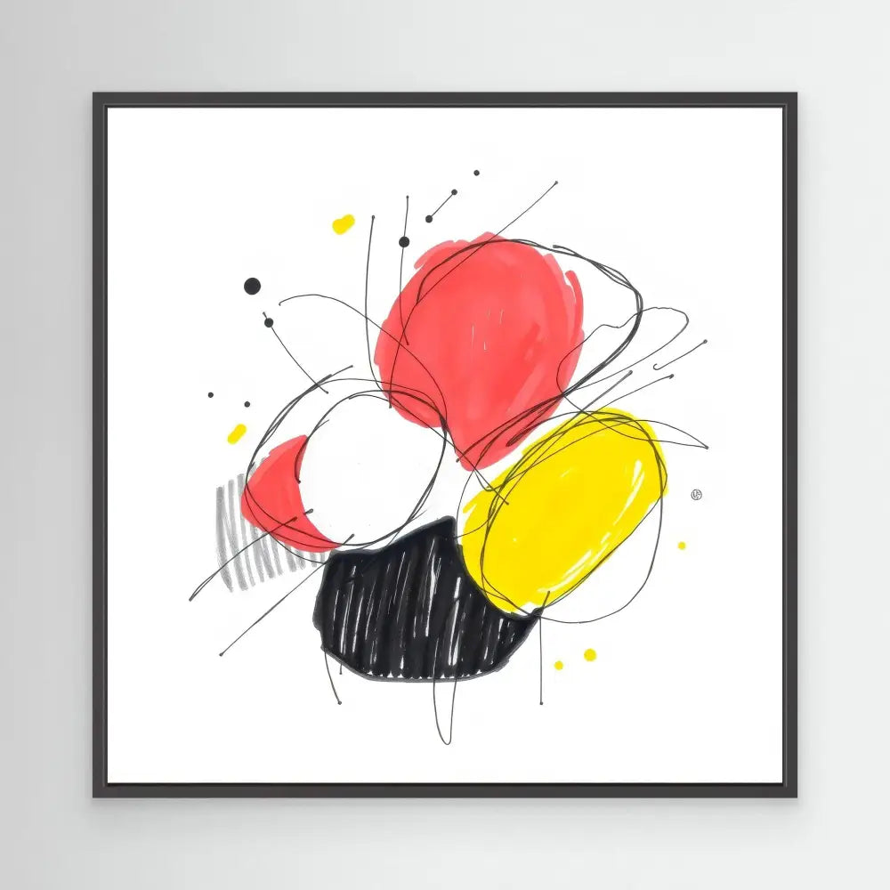 Abstract artwork featuring overlapping red, yellow, white and black circular shapes with loose sketchy lines.