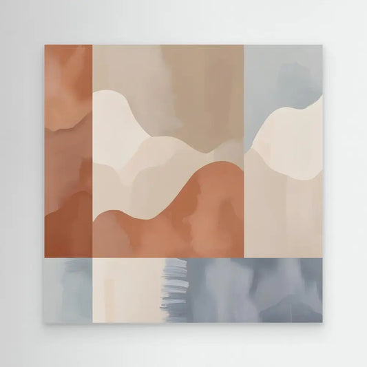 Abstract artwork featuring soft wavy shapes in muted terracotta, beige, and blue-gray tones.