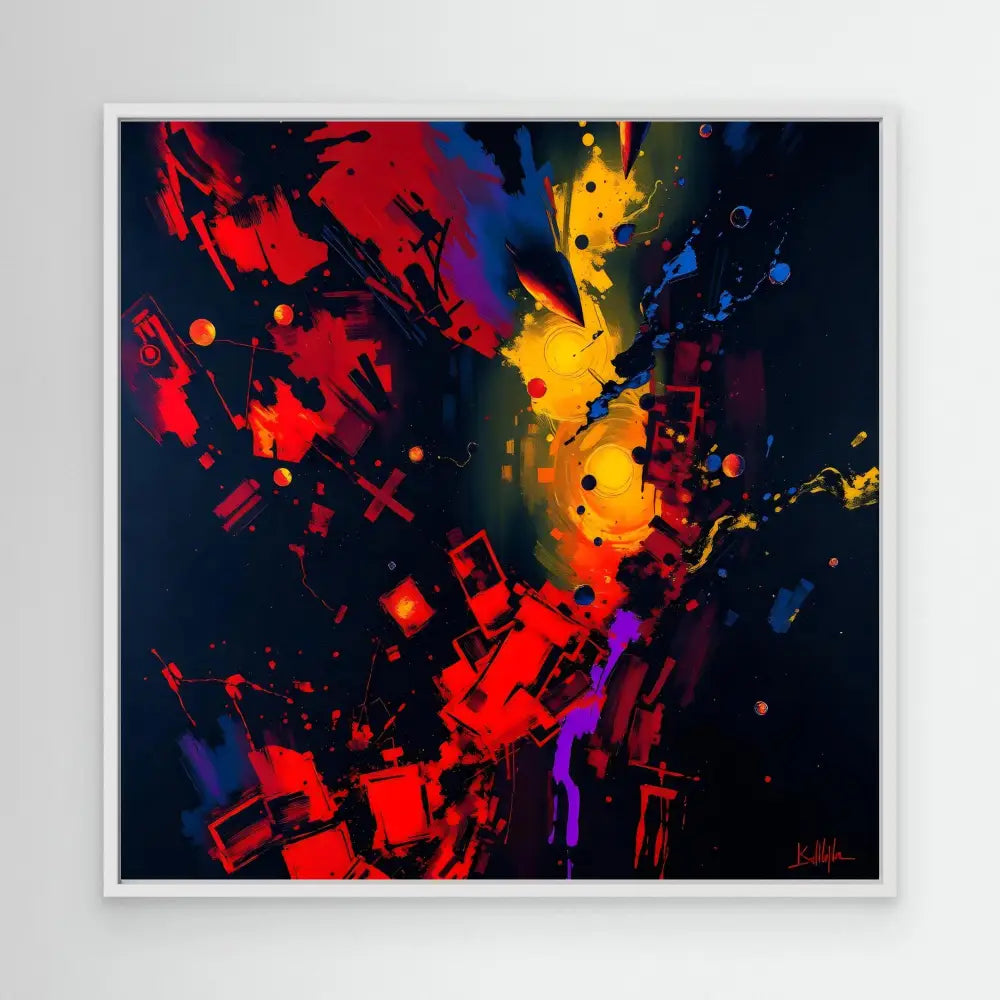 Abstract artwork featuring splattered musical notes in vibrant red, yellow, blue and purple colors.