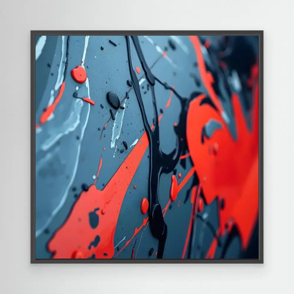 Abstract artwork featuring splattered red and black paint against a blue surface.