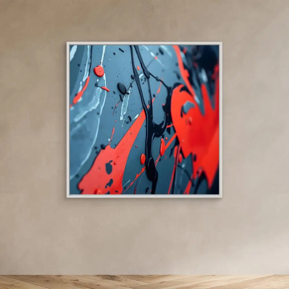 Abstract artwork featuring splattered red and blue paint patterns.