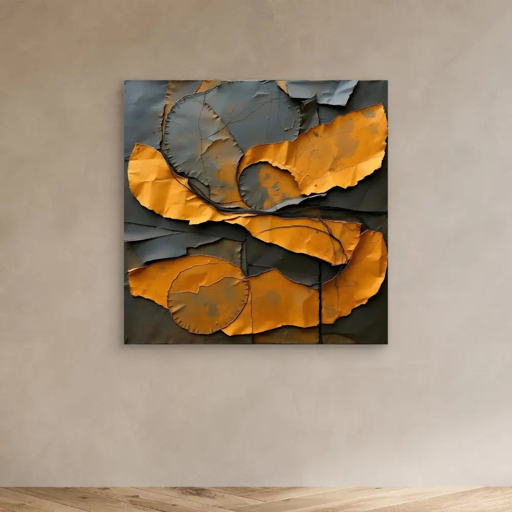 Abstract artwork featuring torn or peeling layers in orange and gray tones.