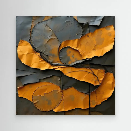 Abstract artwork featuring torn or peeling layers in orange and charcoal gray tones.