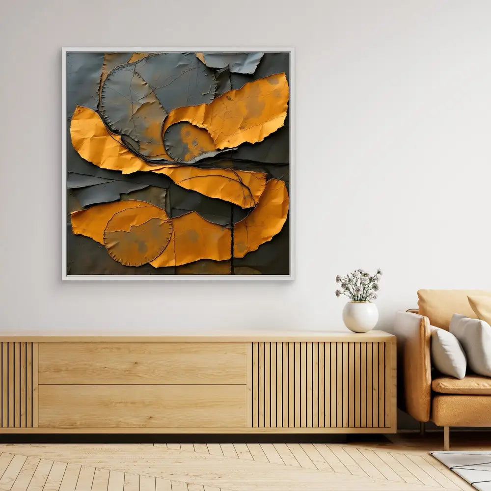 Abstract artwork featuring torn orange and gray paper layers creating a dynamic textural composition.