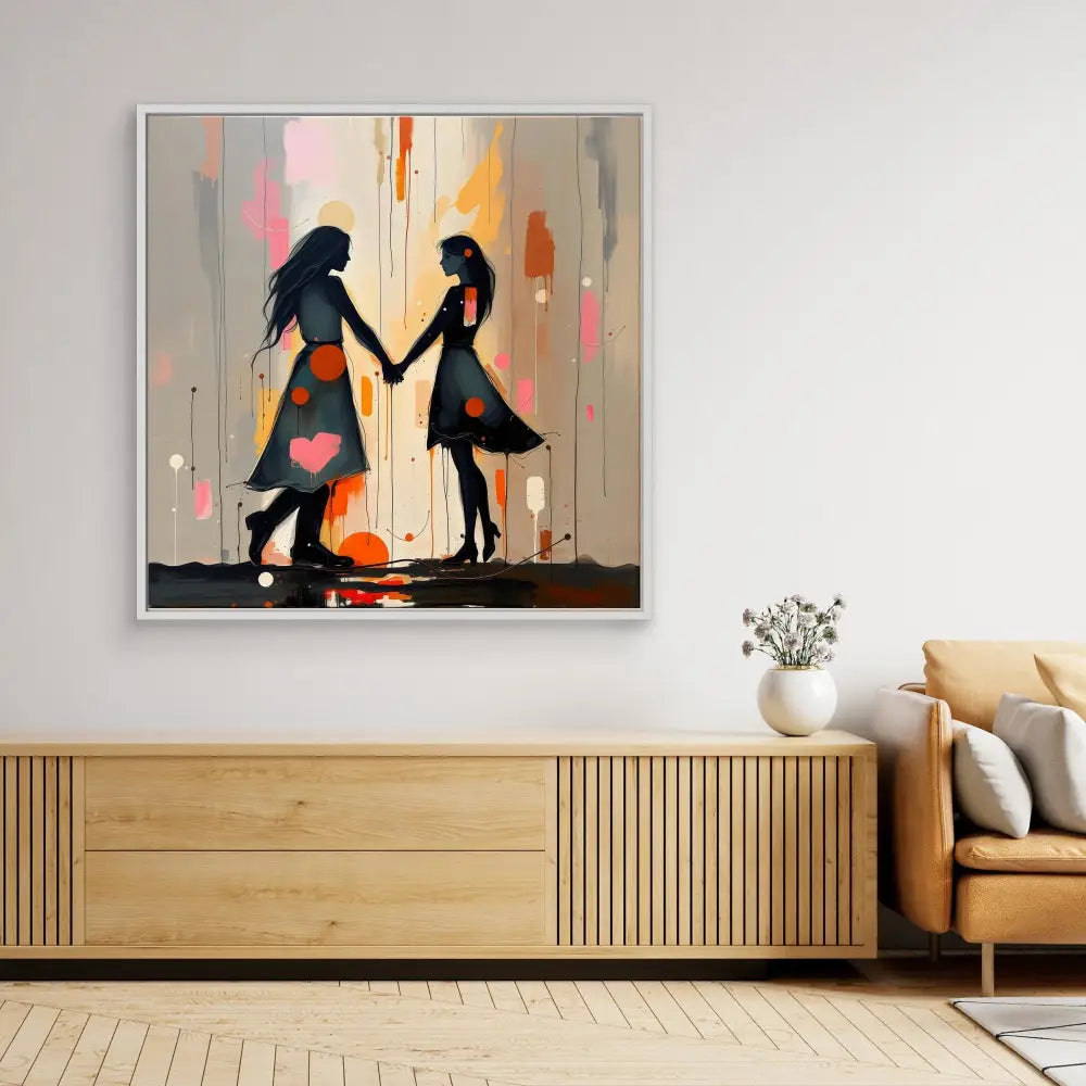 Abstract artwork depicting two silhouetted figures holding hands against a colorful splattered backdrop.