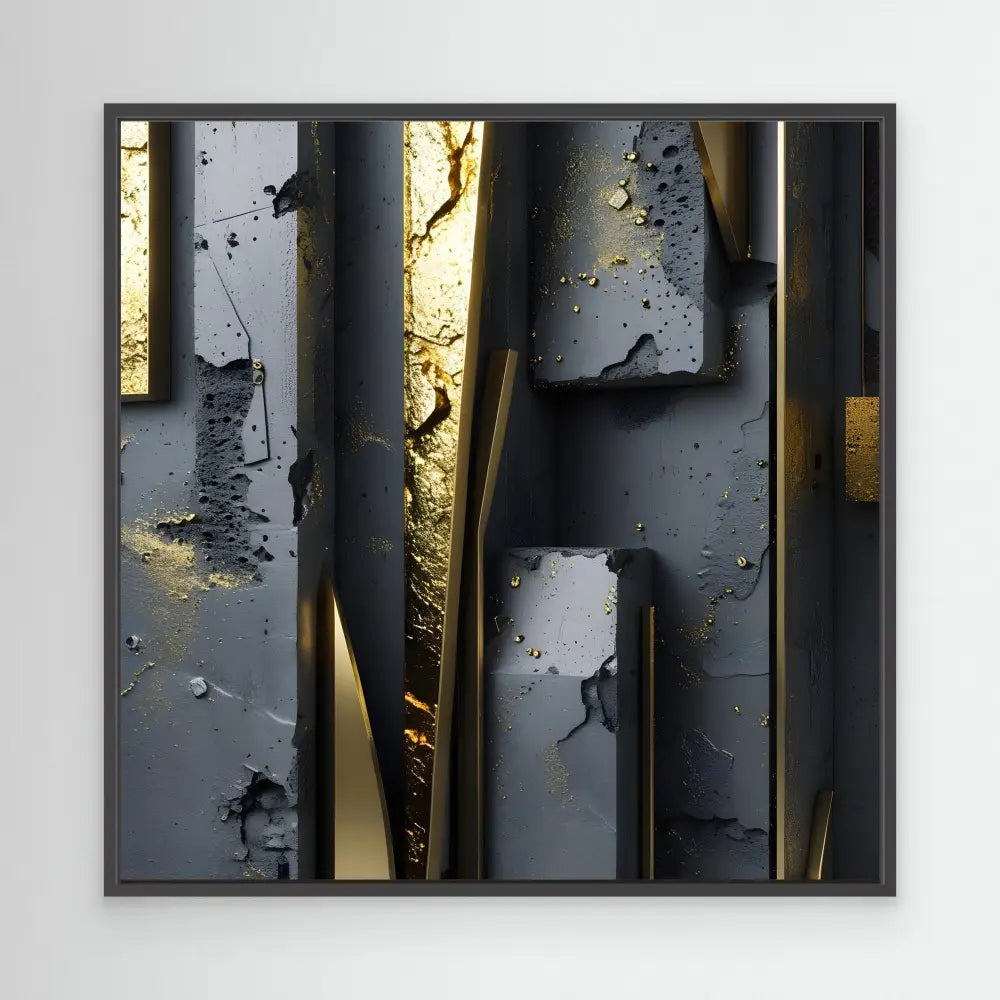 Abstract artwork featuring vertical metallic strips with textured, weathered surfaces in gold and gray tones.