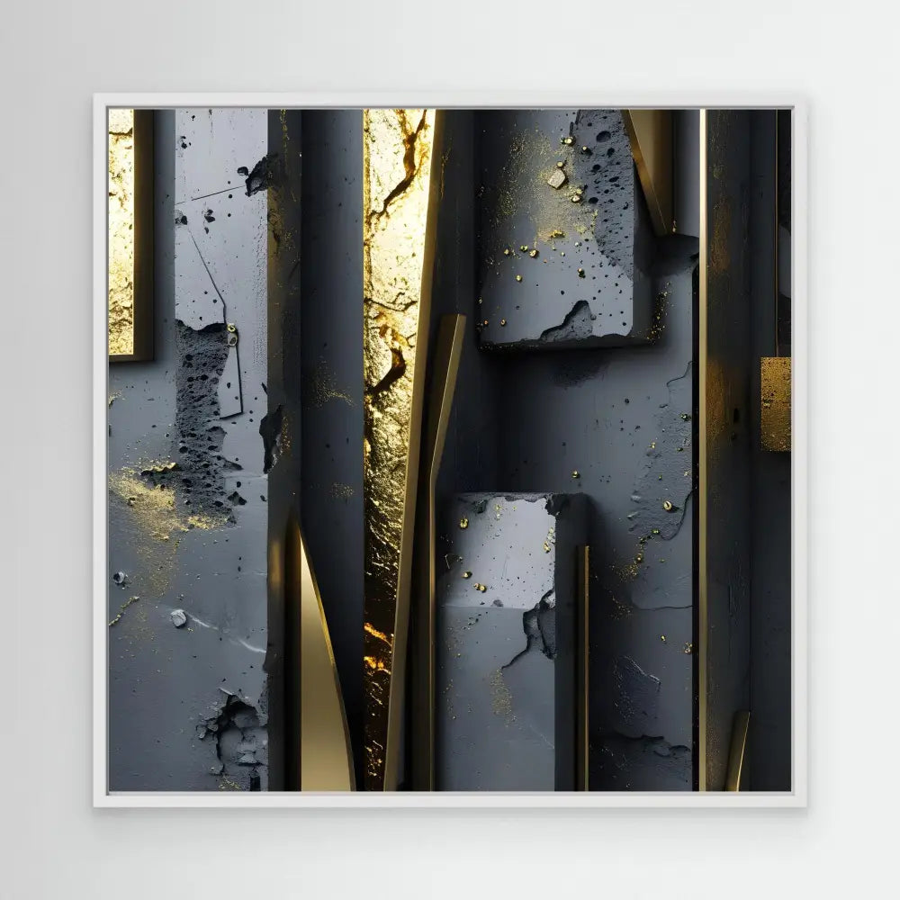 Abstract artwork featuring vertical metallic strips with peeling dark paint and golden highlights.