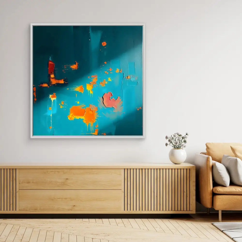 Abstract artwork featuring vibrant orange splashes against a turquoise background.