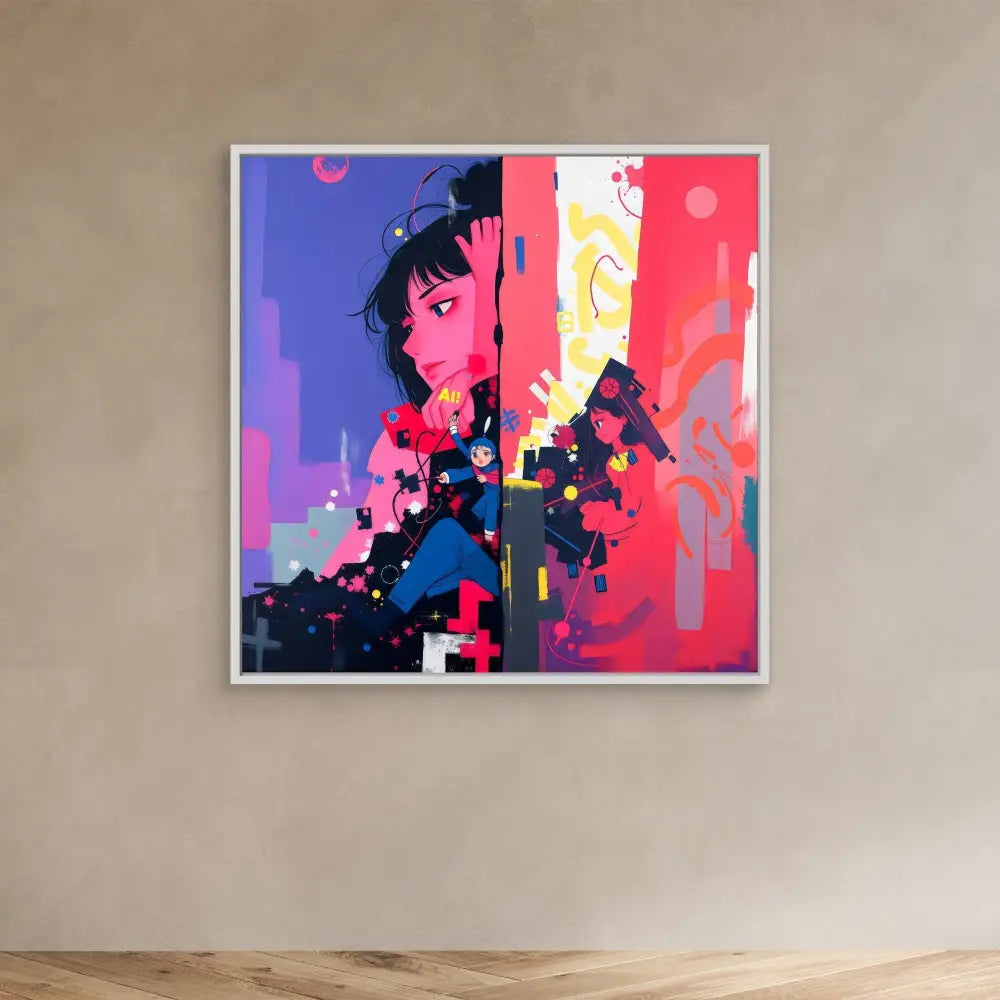 Abstract artwork featuring vibrant pink, blue and red colors with fragmented geometric shapes.