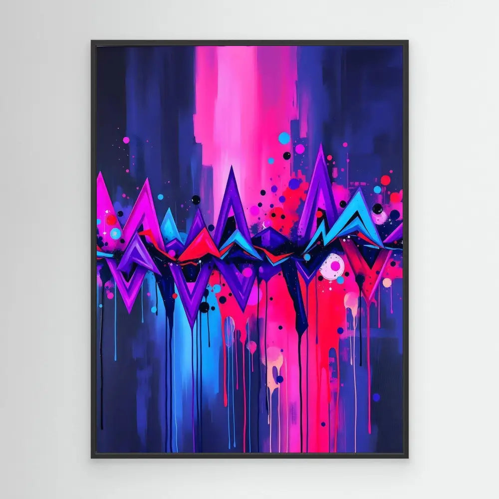 Abstract artwork featuring vibrant pink, blue and purple geometric shapes with dripping paint effects.