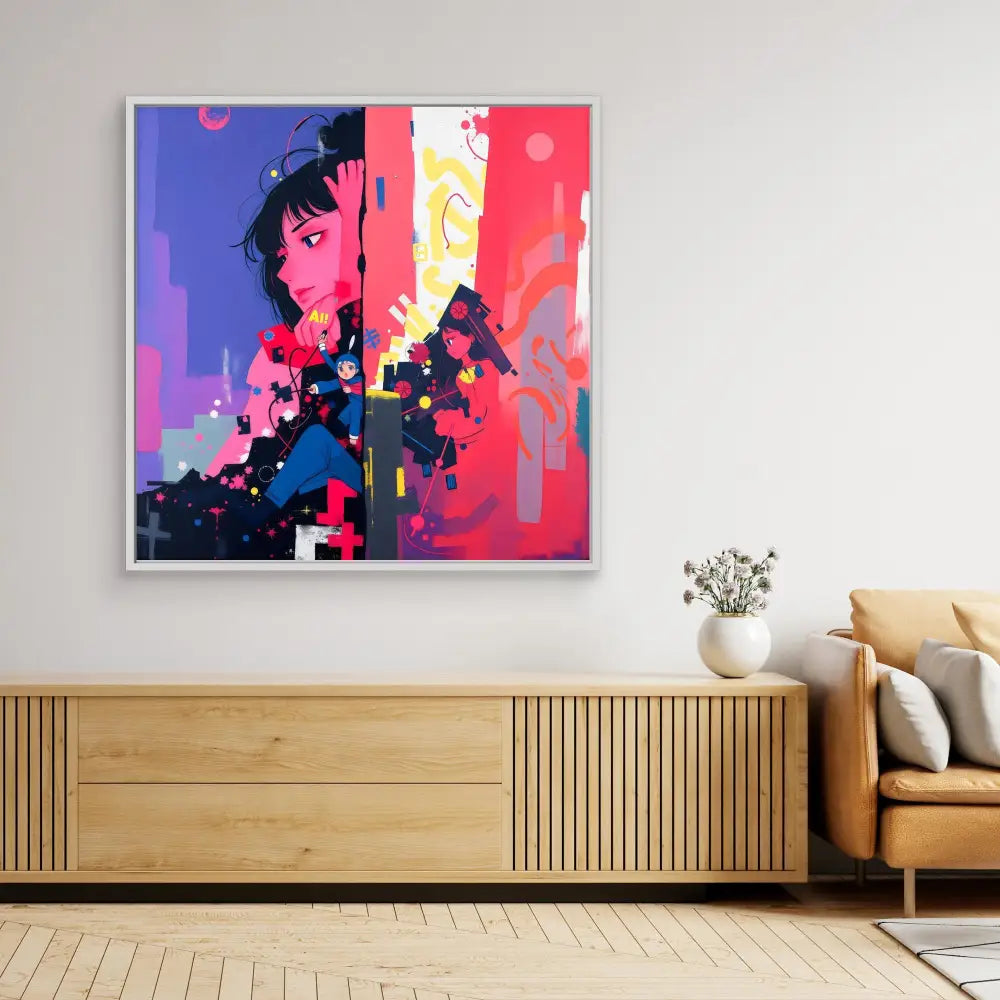 Abstract artwork featuring vibrant pink, purple, and red geometric shapes and patterns mounted on a wall.