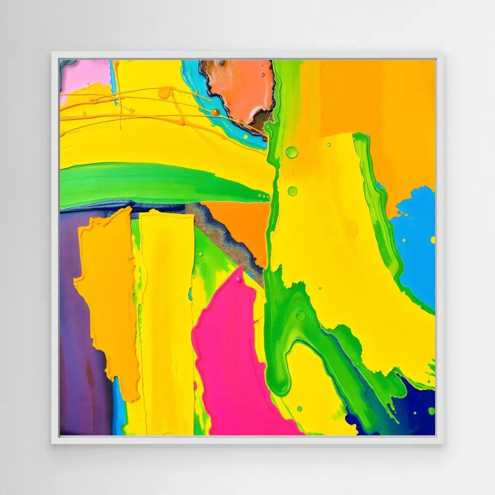 Abstract artwork featuring vibrant splashes of yellow, green, pink, orange and blue colors flowing together.