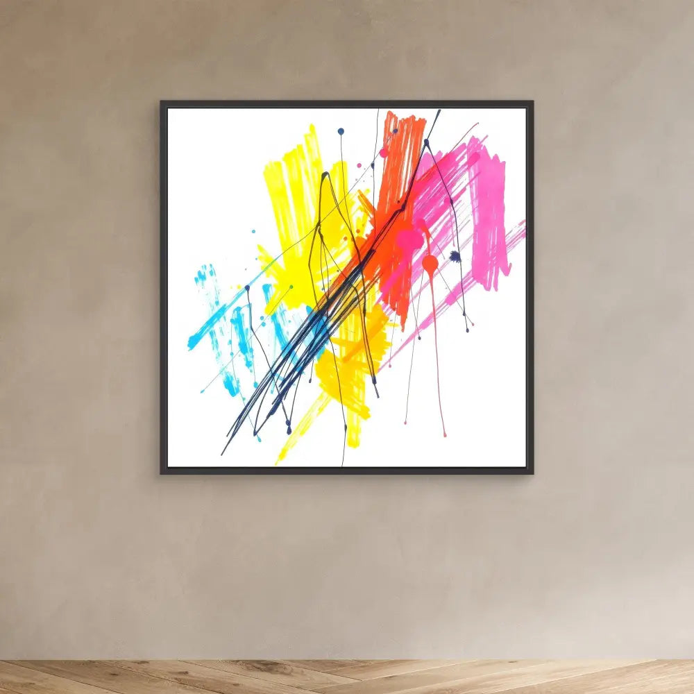 Abstract artwork featuring vibrant yellow, red, pink and blue paint splashes with black diagonal lines.