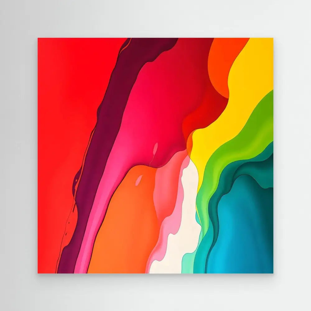 Abstract artwork featuring wavy bands of vibrant rainbow colors flowing diagonally across the canvas.