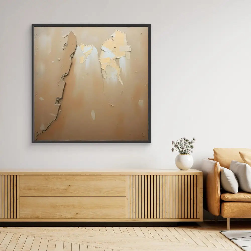 Abstract beige artwork in a black frame.