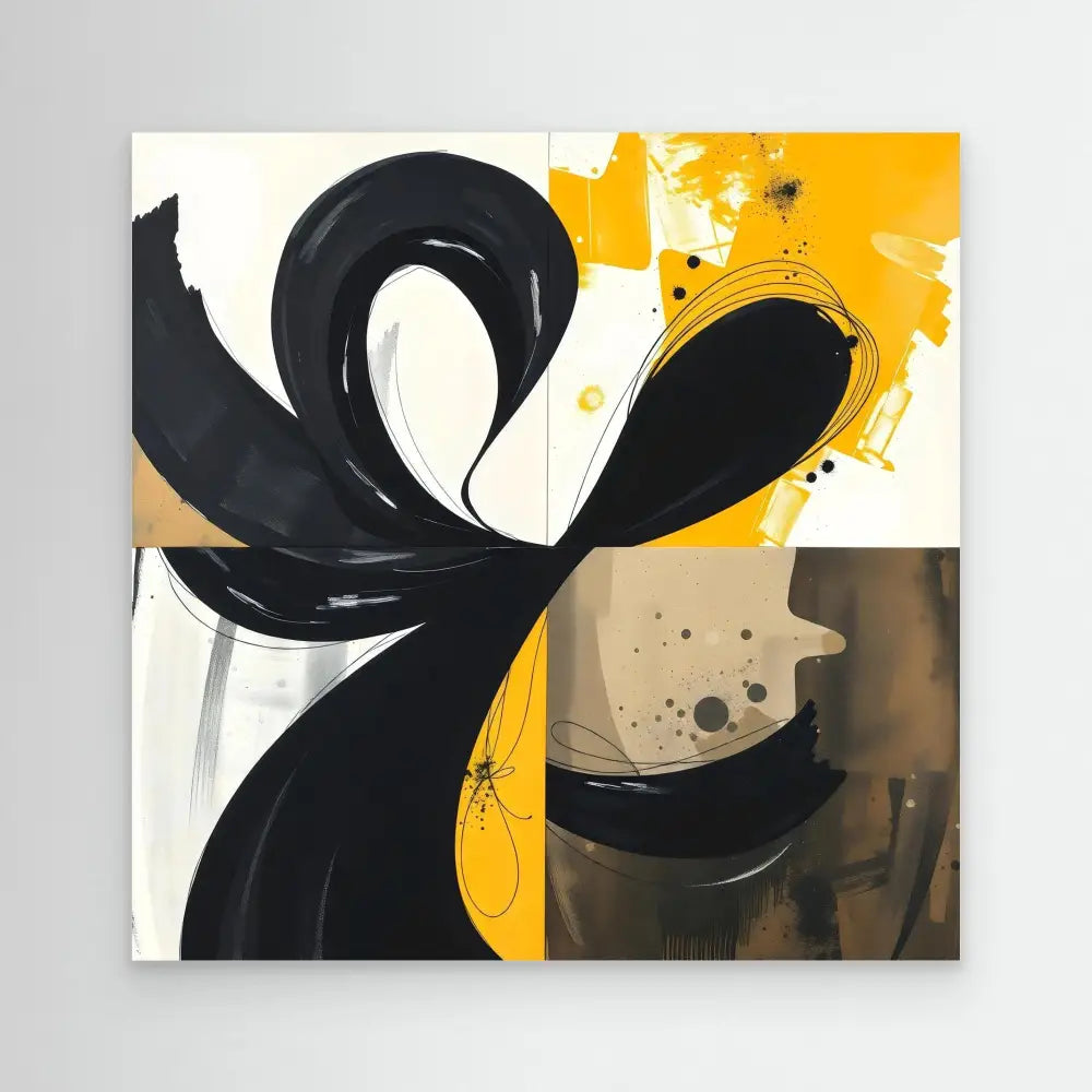 Abstract black brushstroke forming a curved butterfly or bow shape against yellow and white sections.