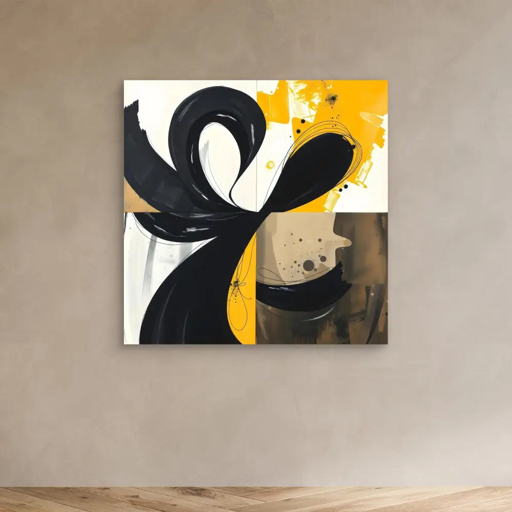 Abstract black brushstroke pattern against white and yellow color blocks.