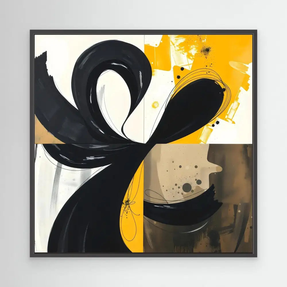 Abstract black brushstroke forming a flowing ribbon-like shape against yellow and white sections.